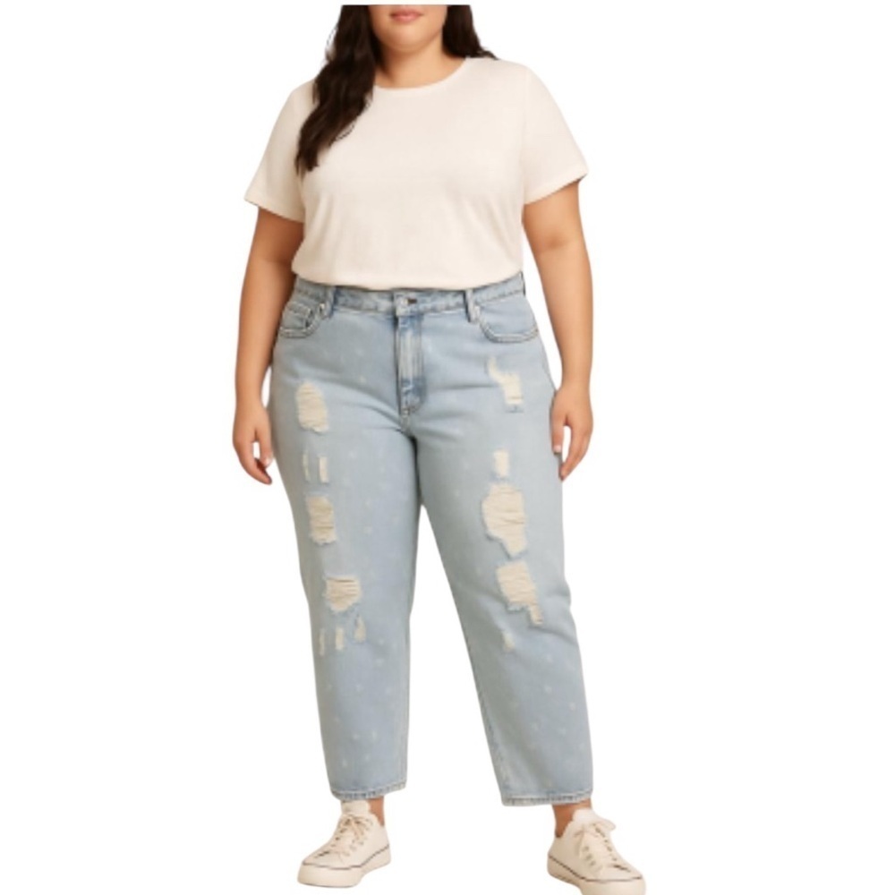 SEVEN 7 Distressed Ripped Polka Dots Boyfriend Straight Leg Blue Jeans PLUS 20